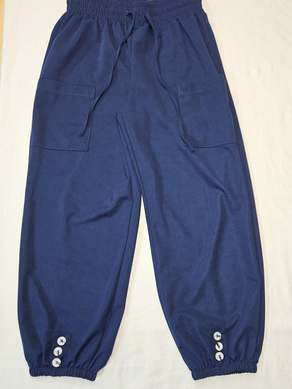 Navy Blue Harem Capri Pants High Waist Button Accent Crop Lounge Joggers S